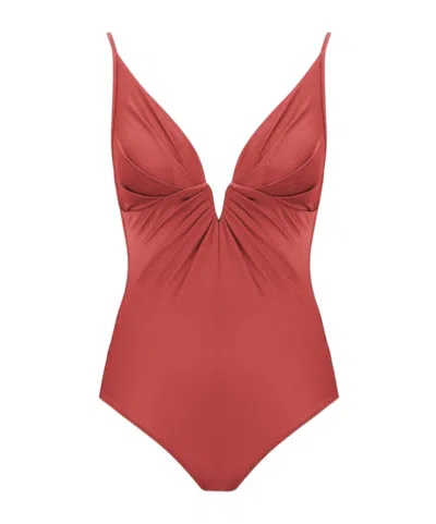 Zimmermann Solstice Ruched-detailing V-neck Swimsuit In Red
