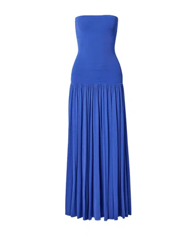Zimmermann Maxine Strapless Ribbed Gathered Stretch-knit Maxi Dress In Blue