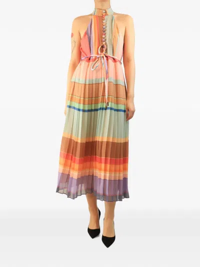 Pre-owned Zimmermann Striped-pleated Midi Dress In Pink
