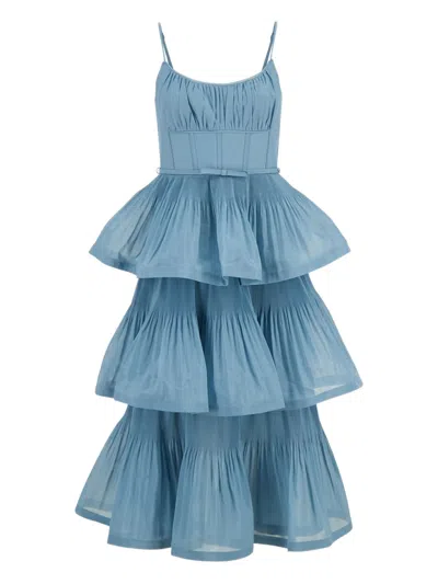 Zimmermann Structured Mini Dress With Cascading Frills And Belt (size 0) In Blue