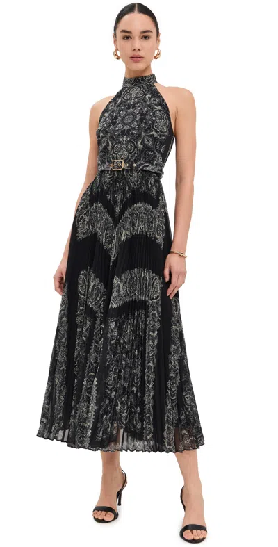 Zimmermann Sunray Belted Pleated Paisley-print Recycled Georgette Midi Dress In Black