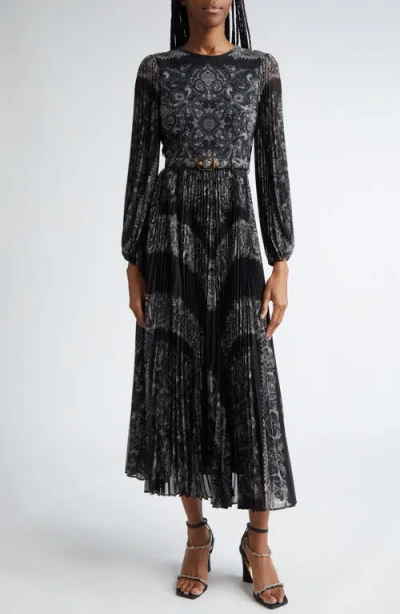 Zimmermann Sunray Long Sleeve Pleated Georgette Dress In Black