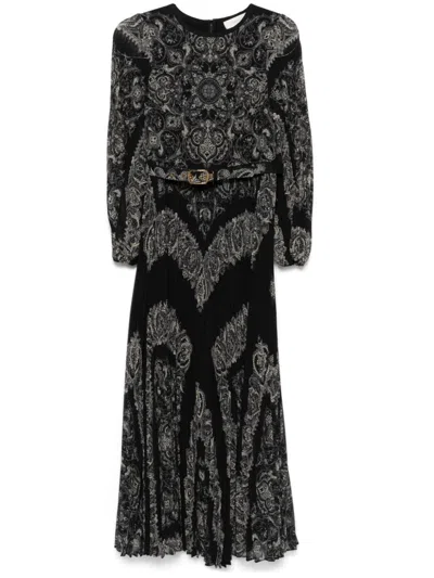 Zimmermann Sunray Long Sleeve Pleated Georgette Dress In Black Paisley