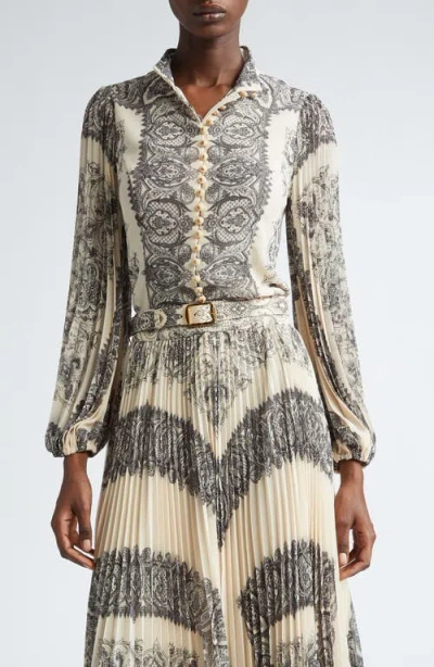 Zimmermann Sunray Pleated Button-up Shirt In Tea Paisley