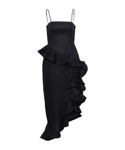 Zimmermann Asymmetric Ruffled Linen Midi Dress In Black