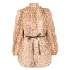 Zimmermann Cascadian Beige Tunic Dress With Stand-up Collar And All-over Leopard Print In Linen Woman In Brown