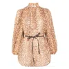 Zimmermann Cascadian Beige Tunic Dress With Stand-up Collar And All-over Leopard Print In Linen Woman In Brown