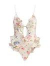 Zimmermann Multicolour Floral Swimsuit With Ruffled Edges And Adjustable Ties In Multi