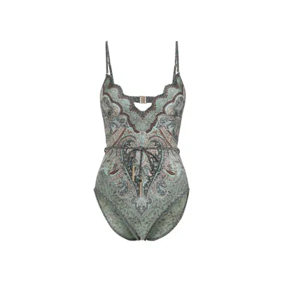 Zimmermann Wanderlust Scalloped Paisley Swimsuit In Green