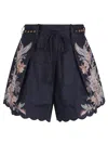 Zimmermann Rhiannon Blue Shorts With Removable Belt And Floral Embroidery On The Side In Linen Woman