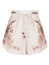 Zimmermann Floral Print Linen Shorts With Removable Waist Strap And Side Pockets In Multi