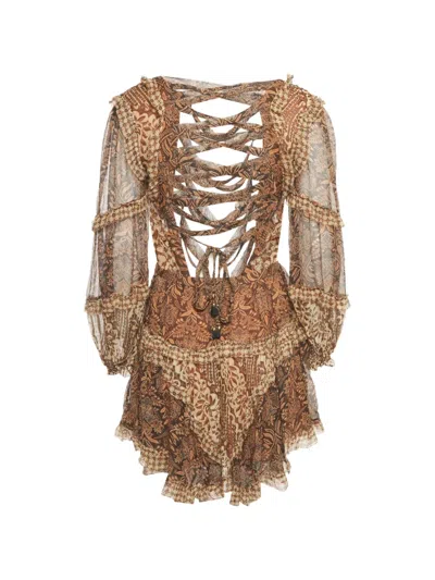 Pre-owned Zimmermann Tali Batik-print Asymmetric Dress In Brown