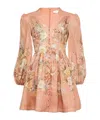 Zimmermann Tallow Pleated Floral-print Linen Mini Dress In Pink