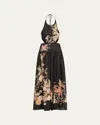 Zimmermann Tallow Cutout Floral-print Linen Halterneck Midi Dress In Black Multi Floral