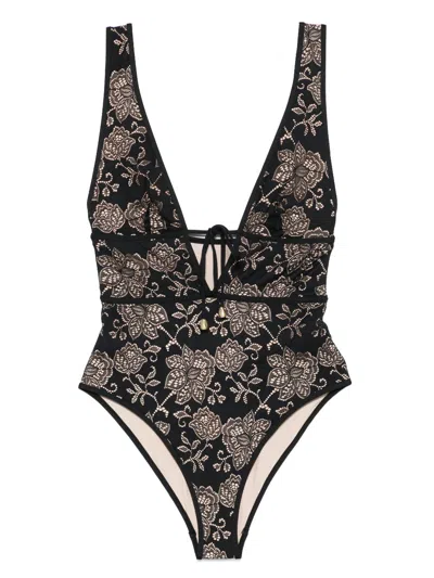 Zimmermann Tallow Lace Plunge Swimsuit In Black