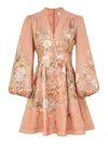 Zimmermann Tallow Pleated Floral-print Linen Mini Dress In Multicolour