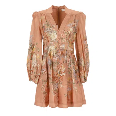 Zimmermann Tallow Plunge Mini Dress In Brown