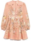 Zimmermann Tallow Pleated Floral-print Linen Mini Dress In Pink