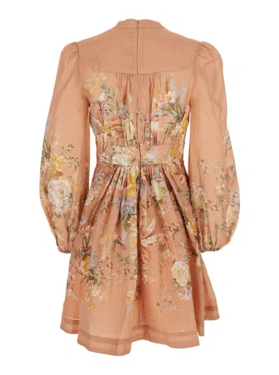 Zimmermann 'tallow Plunge' Pink Dress With All-over Floral Print