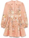 Zimmermann Tallow Pleated Floral-print Linen Mini Dress In Pink