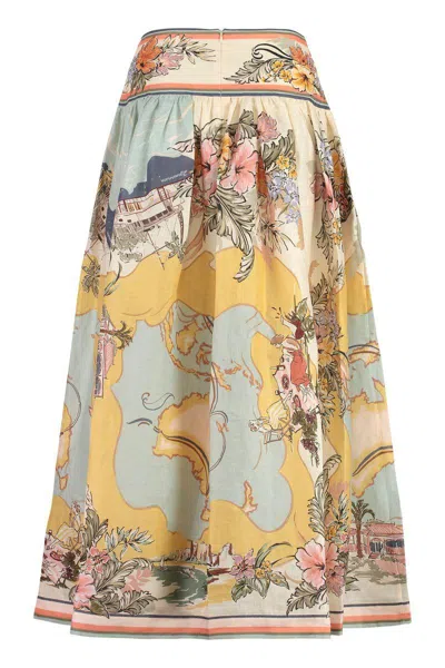 Zimmermann Tallow Printed Linen Midi Skirt