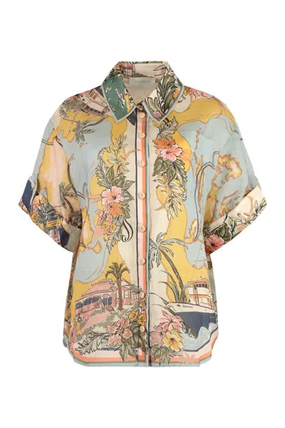 Zimmermann Tallow Printed Short Sleeved Shirt In Multi