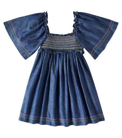 Zimmermann Kids' Denim Shirred Tallow Dress In Blue