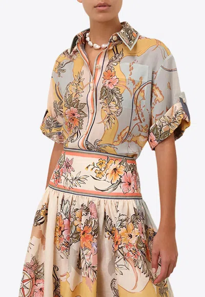 Zimmermann Tallow Short-sleeved Printed Shirt In Light Blue