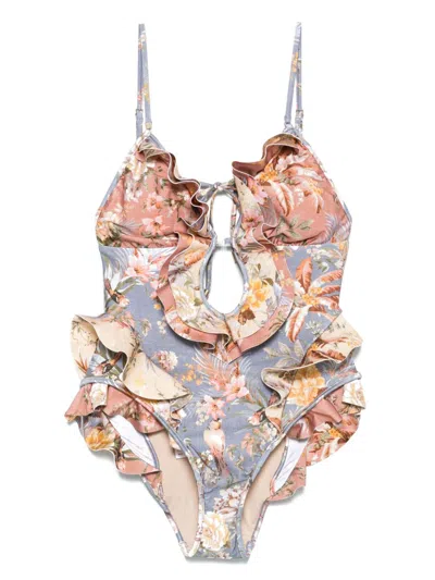 Zimmermann Tallow Waterfall Frill Swimsuit In Brown