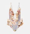 Zimmermann Tallow Waterfall Ruffled Swimsuit In Multicoloured