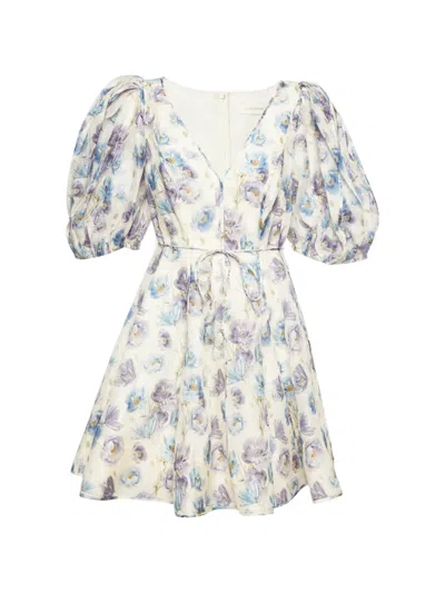 Pre-owned Zimmermann Tama Iris-print Mini Dress In Neutrals