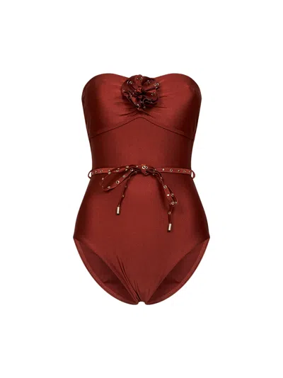 Zimmermann Tan Lycra Indra One-piece Swimsuit With Flower Detail In Brown