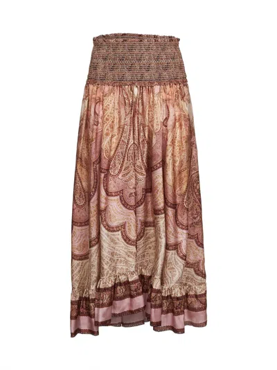 Zimmermann Tapestry-print Burgundy Silk Habotai Wanderlust Maxi Skirt In Brown