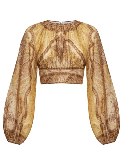 Zimmermann Wanderlust Multicolor Cropped Top With Puffed Long Sleeves And All-over Paisley Motif In Cotton Blen In Gold