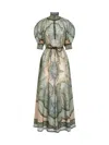 Zimmermann Womens Tapestry Teal Multi Wanderlust Billow Puffed-short-sleeves Silk Midi Dress In Gray
