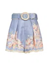 Zimmermann Womens Cascadian Tuck Floral Linen Shorts Teal Blue Botanical