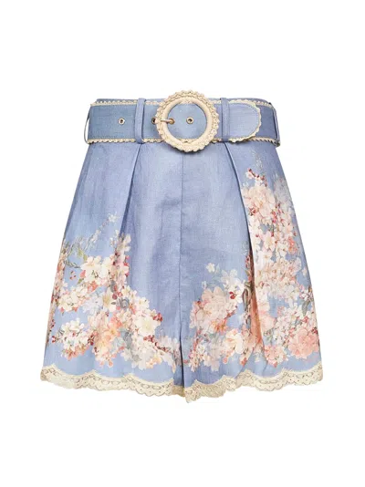 Zimmermann Teal Blue Botanical Floral Linen Cascadian Shorts