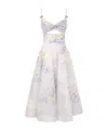 Zimmermann Crush Belted Twist-front Embellished Floral-print Linen And Silk-blend Organza Midi Dress In White