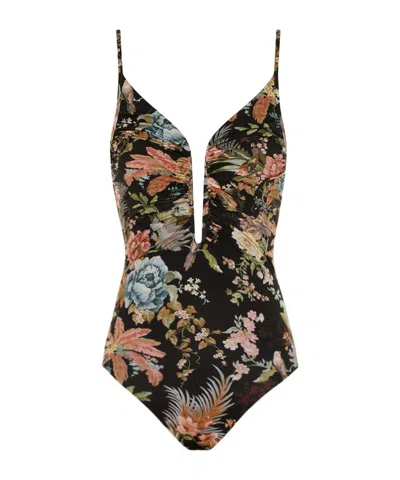 Zimmermann Tallow Floral V-neck Swimsuit In Black