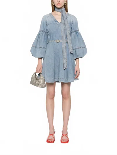 Zimmermann Tie Neck Denim Mini Dress In Sea Foam In Blue