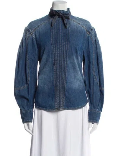 Pre-owned Zimmermann Tie Neck Long Sleeve Blouse In Blue