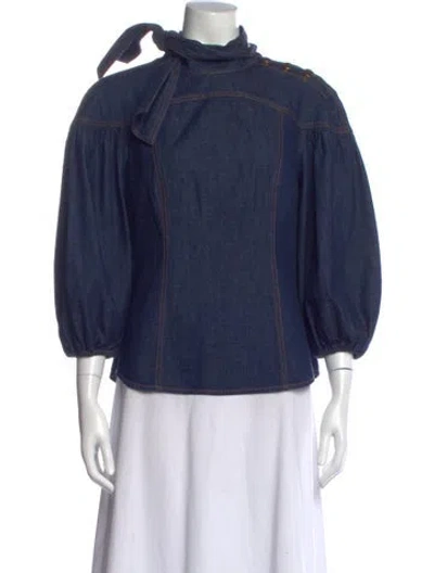 Pre-owned Zimmermann Tie Neck Long Sleeve Blouse In Blue
