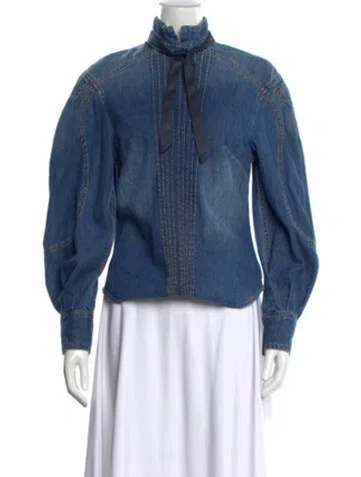 Pre-owned Zimmermann Tie Neck Long Sleeve Blouse In Blue
