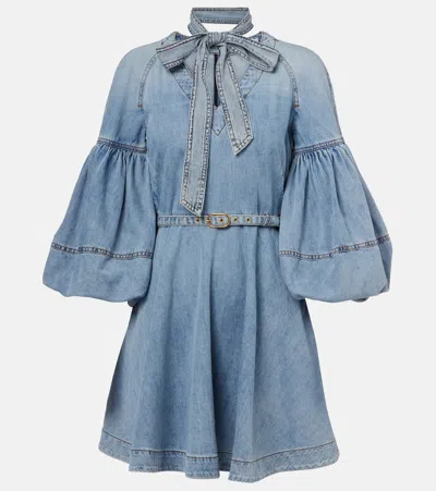 ZIMMERMANN TIE-NECK PUFF-SLEEVE DENIM MINIDRESS