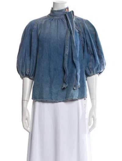 Pre-owned Zimmermann Tie Neck Short Sleeve Blouse In Blue