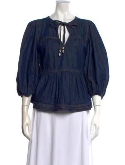 Pre-owned Zimmermann Tie Neck Three-quarter Sleeve Blouse In Blue