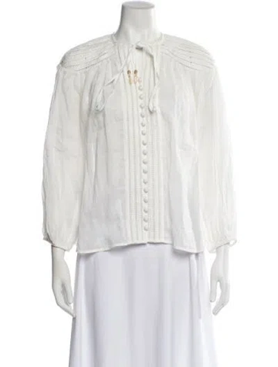 Pre-owned Zimmermann Tie Neck Three-quarter Sleeve Blouse In White