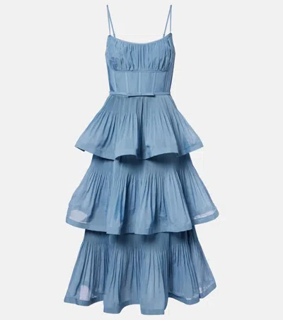 Zimmermann Structured Mini Dress With Cascading Frills And Removable Belt - Size 0 In Blue
