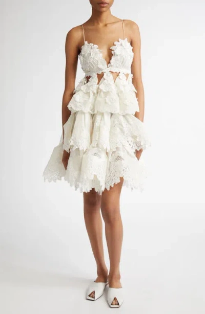 Zimmermann Crush Tiered Lace Mini Dress In Ivory