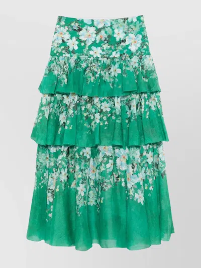 Zimmermann Everley Tiered Floral Print Midi Skirt In Green